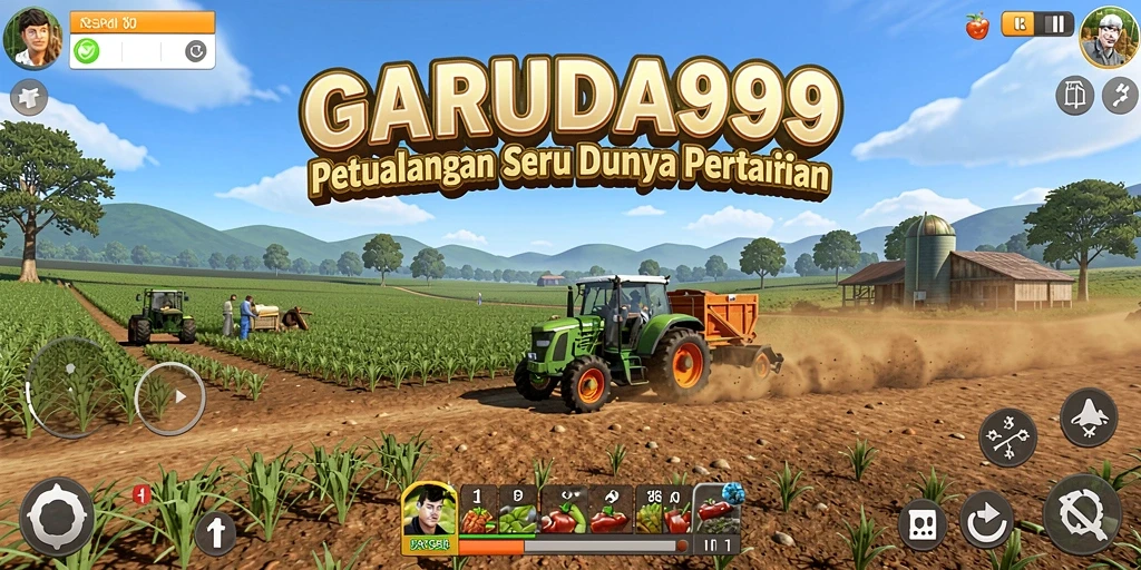 Tampilan gameplay <strong>GARUDA999</strong> yang menampilkan kebun yang luas dan hewan ternak.