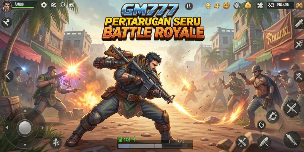 Screenshot utama GM777 menunjukkan aksi mendebarkan dalam permainan Battle Royale.