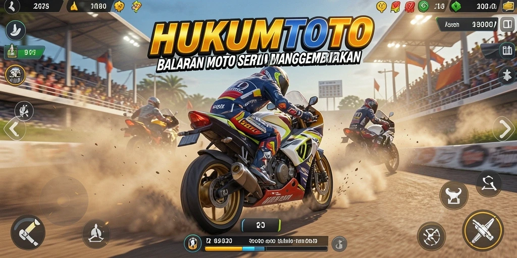 Tampilan gameplay HUKUMTOTO yang mengesankan dengan balapan motor yang seru.