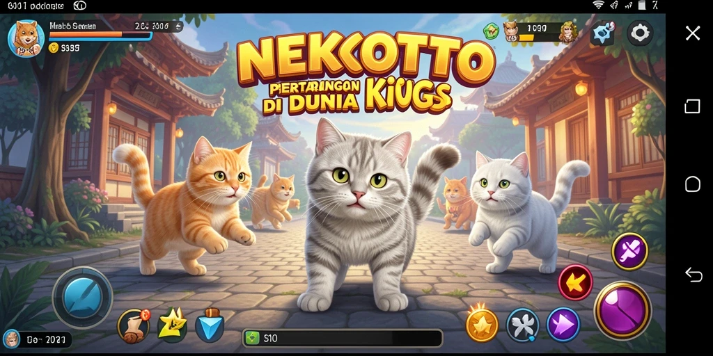 Tangkapan layar NEKOTOTO menampilkan pertempuran intens dengan karakter kucing yang lucu.