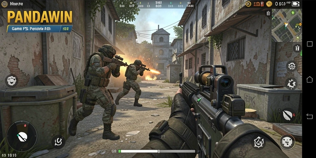 Screenshot gameplay PANDAWIN menampilkan aksi tembak menembak yang mendebarkan.