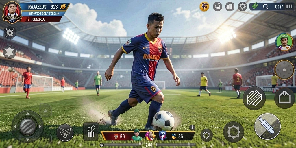 Tangkapan layar menunjukkan gameplay RAJAZEUS dengan aksi sepak bola yang mendebarkan.